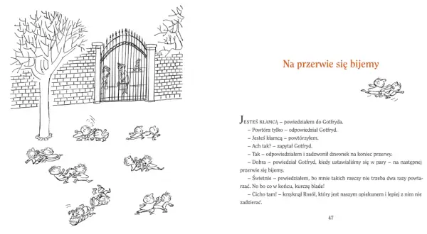 Ilustracja z książki o Mikołajku: chłopcy biją się na przerwie, jeden z nich leży na ziemi.