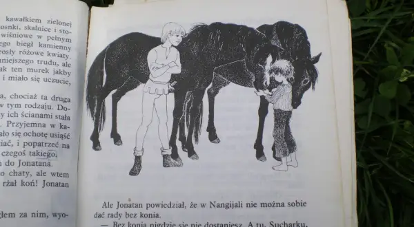 Bracia Lwie Serce: Jonatan i Sucharek rozmawiają przy koniach, przygotowując się do jednej z przygód.
