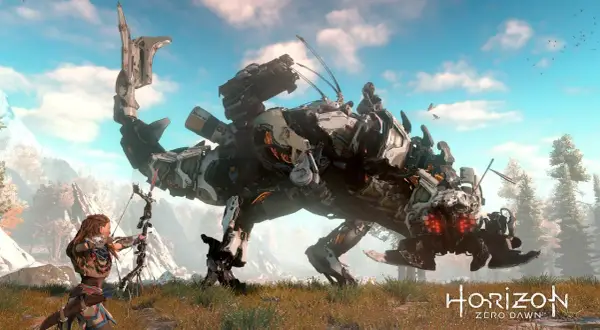 Aloy z łukiem mierzy do mechanicznego gada w świecie Horizon serial.
