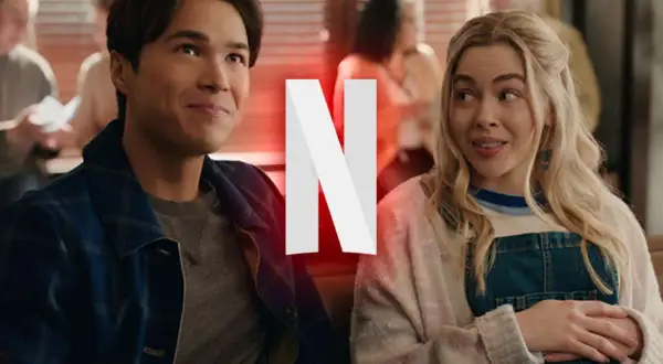Para fanów Virgin River sezon 8: młoda para z uśmiechem na twarzy, w tle logo Netflix.