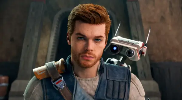 Cameron Monaghan jako Cal Kestis z droidem BD-1. Jego filmy, seriale i programy to przygody w świecie Gwiezdnych Wojen.