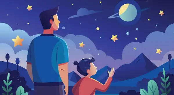 Tata pokazał mi wszechświat. Dziecko z tatą patrzy na gwiazdy i planetę Saturn na nocnym niebie.