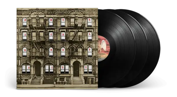 Okładki płyt Led Zeppelin "Physical Graffiti" i trzy czarne winyle.