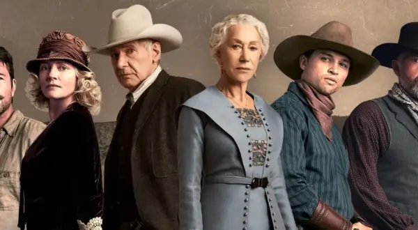Sześcioro bohaterów w westernowych strojach, w tym Harrison Ford i Helen Mirren, tworzy obsadę 1923.