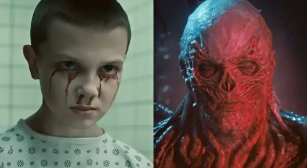 Eleven z krwawiącymi oczami i przerażający Vecna, bohaterowie Stranger Things, stają naprzeciw siebie.