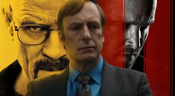 Saul Goodman w centrum, z twarzami Waltera White'a i Jesse'ego Pinkmana w tle. Zapowiedź kontynuacji Breaking Bad.
