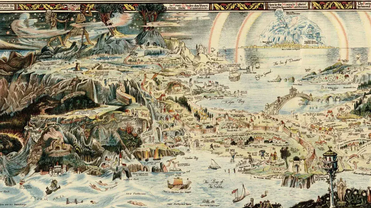 Atlas miejsc literackich: fantastyczna mapa z krainami baśni, legend i snów, pełna zamków, potworów i mitycznych postaci.