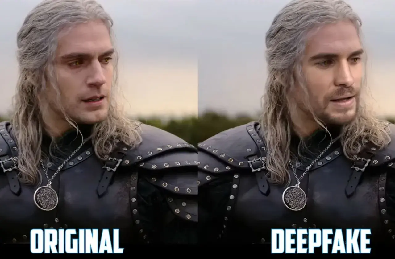 Porównanie oryginalnego Geralta z Wiedźmina i deepfake'a z Liamem Hemsworthem.