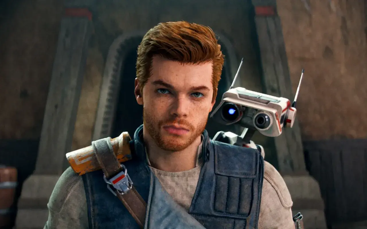 Cameron Monaghan jako Cal Kestis z droidem BD-1. Jego filmy, seriale i programy to przygody w świecie Gwiezdnych Wojen.