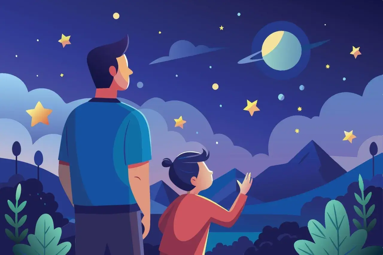 Tata pokazał mi wszechświat. Dziecko z tatą patrzy na gwiazdy i planetę Saturn na nocnym niebie.