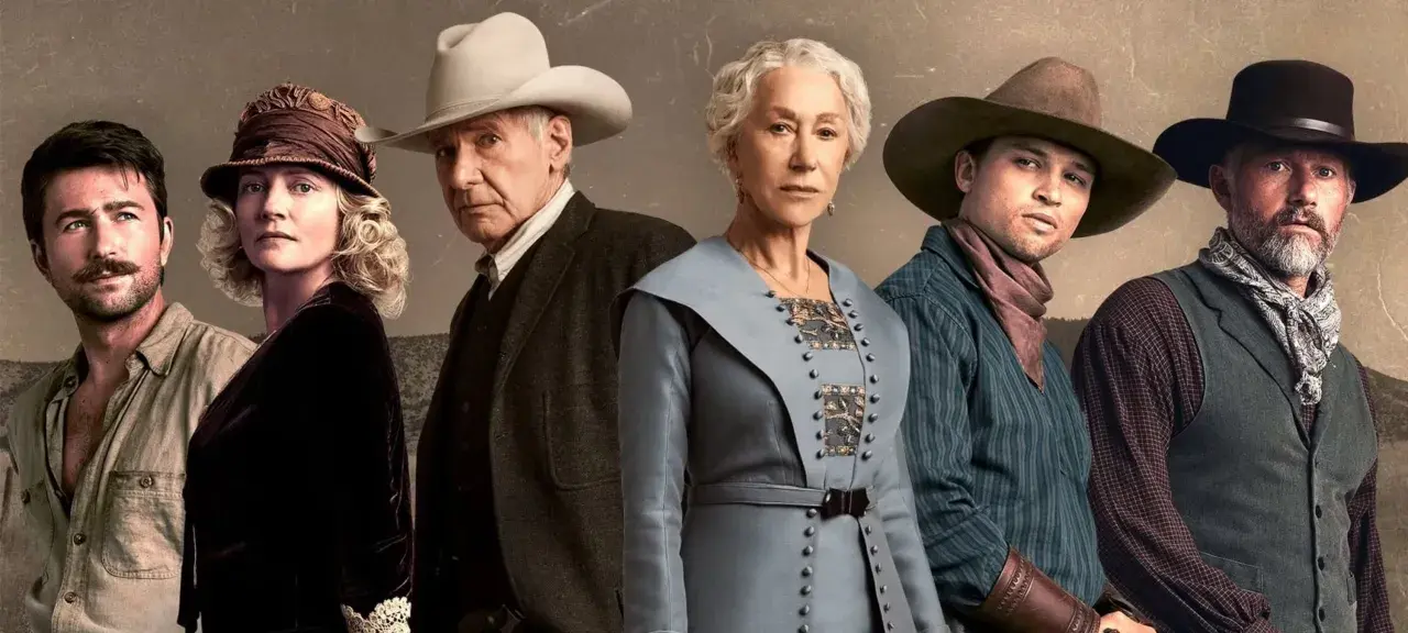 Sześcioro bohaterów w westernowych strojach, w tym Harrison Ford i Helen Mirren, tworzy obsadę 1923.