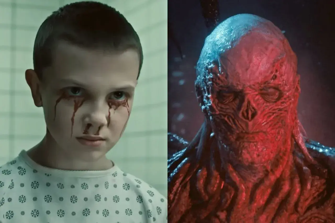 Eleven z krwawiącymi oczami i przerażający Vecna, bohaterowie Stranger Things, stają naprzeciw siebie.