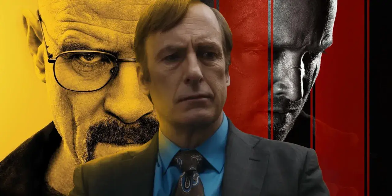 Saul Goodman w centrum, z twarzami Waltera White'a i Jesse'ego Pinkmana w tle. Zapowiedź kontynuacji Breaking Bad.