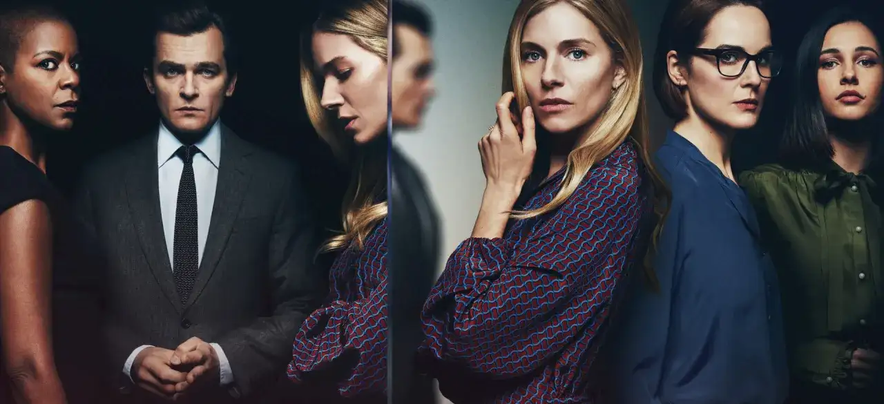 Postacie z serialu "Anatomia skandalu" – kobiety i mężczyzna w eleganckich strojach, wpatrzeni w różne strony, sugerują napięcie i tajemnicę.