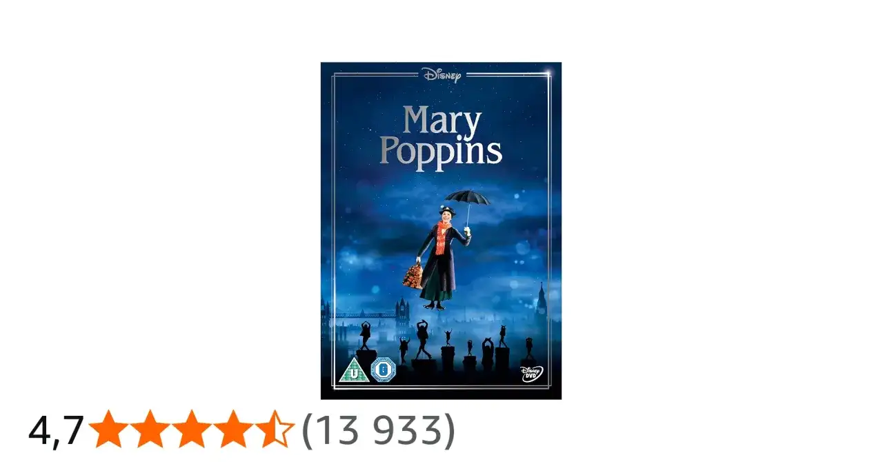Okładka filmu "Mary Poppins" z latającą nianią i parasolką na tle nocnego Londynu.
