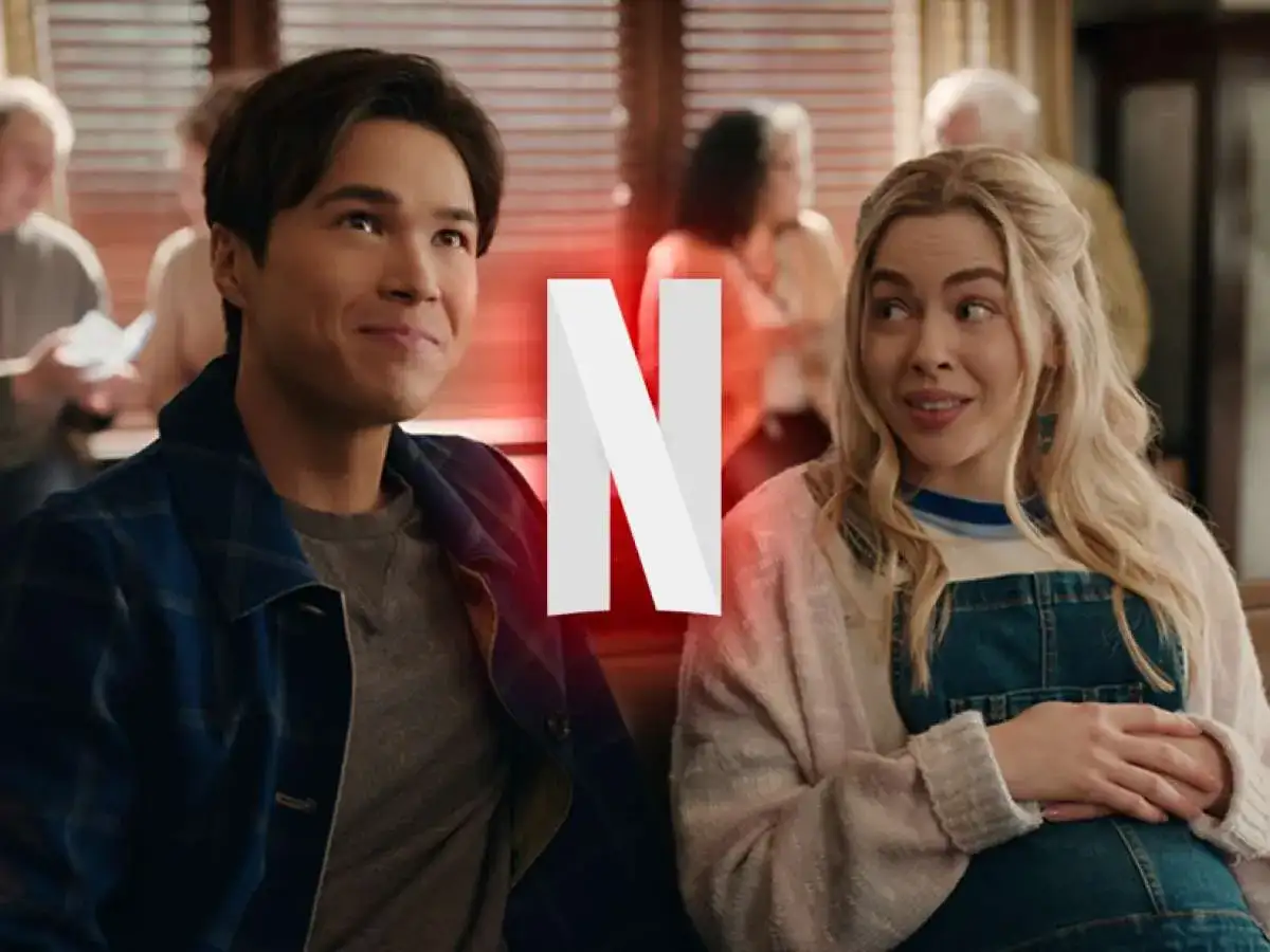 Para fanów Virgin River sezon 8: młoda para z uśmiechem na twarzy, w tle logo Netflix.