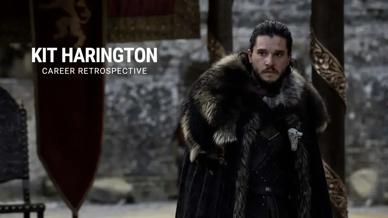 Kit Harington w stroju z futra, przypominającym postać z Gry o Tron. Podkreśla jego filmy, seriale i programy.