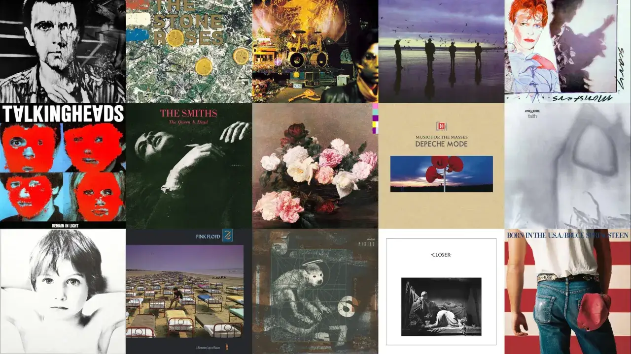 Kolaż okładek płyt z lat 80. z wizerunkami takich artystów jak Talking Heads, The Smiths, Depeche Mode, Bruce Springsteen i innych.