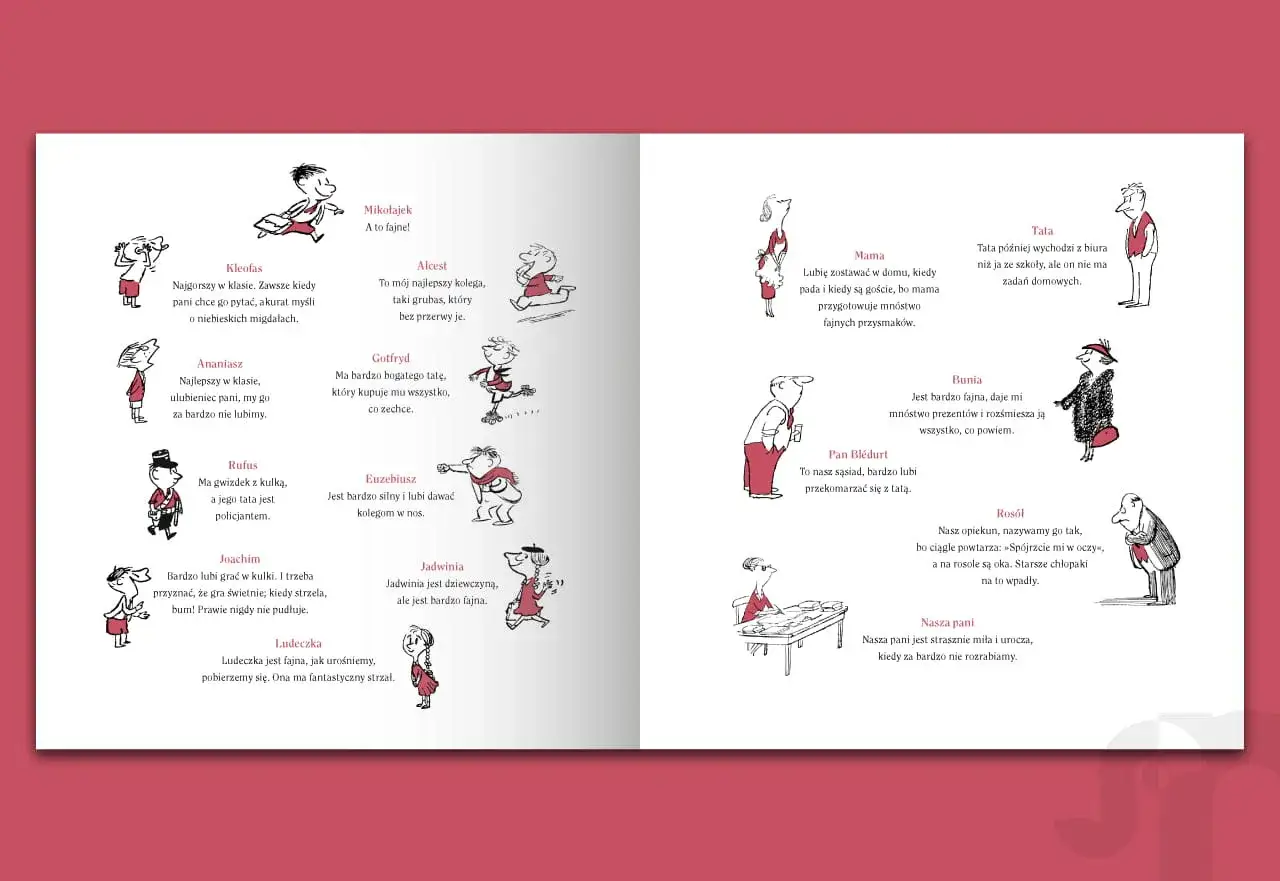 Ilustracje z książki o Mikołajku przedstawiają jego przyjaciół i rodzinę, każdy z zabawnym opisem.