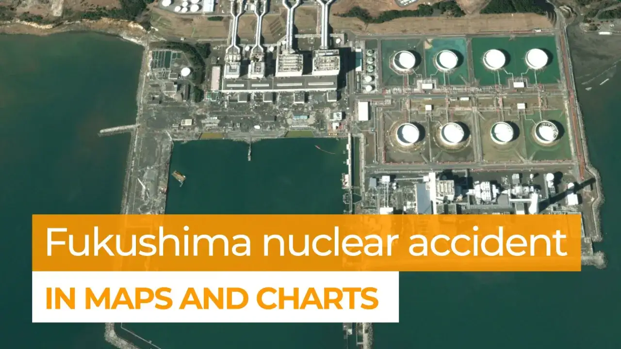 Widok z lotu ptaka na elektrownię jądrową Fukushima Daiichi, miejsce katastrofy. Analiza dni serial.