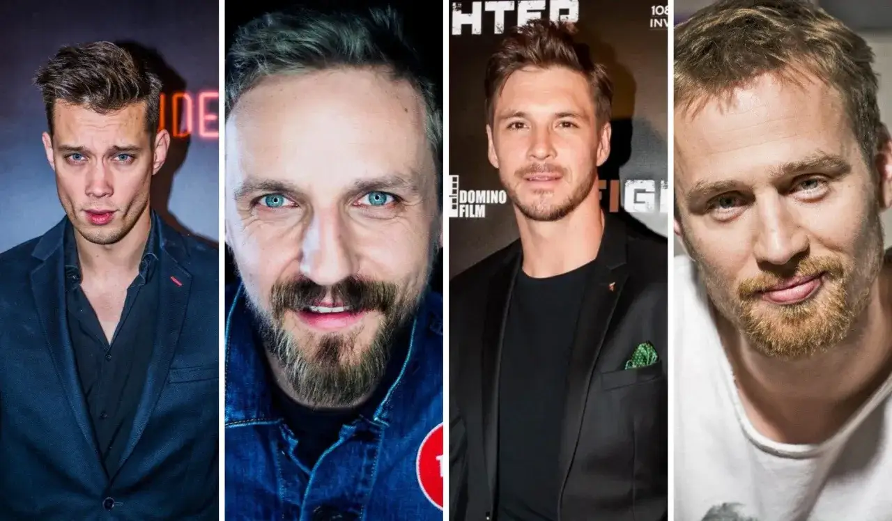 Czterech młodych aktorów: Sebastian Fabijański, Michał Żurawski, Tomasz Schuchardt i Mateusz Banasiuk, prezentuje swoje twarze w zbliżeniach.