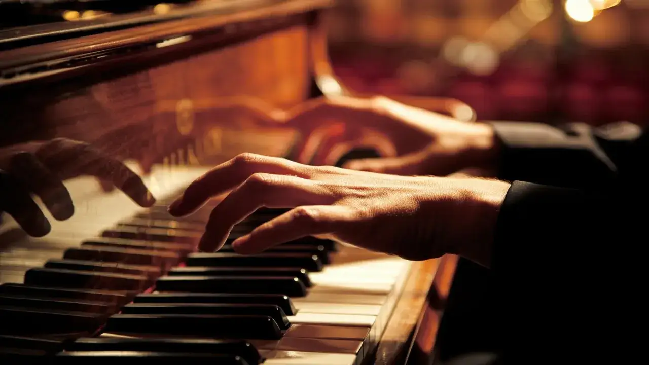 Dłonie pianisty tworzą ekspresyjny styl jazzowy, grając na fortepianie w ciepłym świetle.