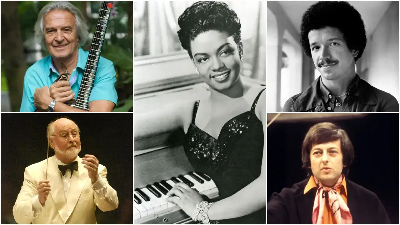 Kompozycja portretów sławnych pianistów i muzyków: John Williams, Nina Simone, Lionel Richie, Paco de Lucía i André Previn.