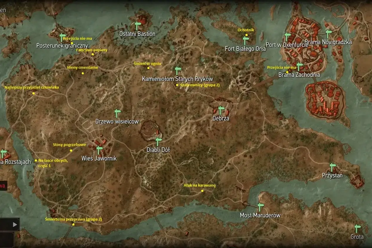 Mapa świata Wiedźmina. W cieniu wiecznego ognia, w okolicach Novigradu, czekają niebezpieczeństwa i przygody.
