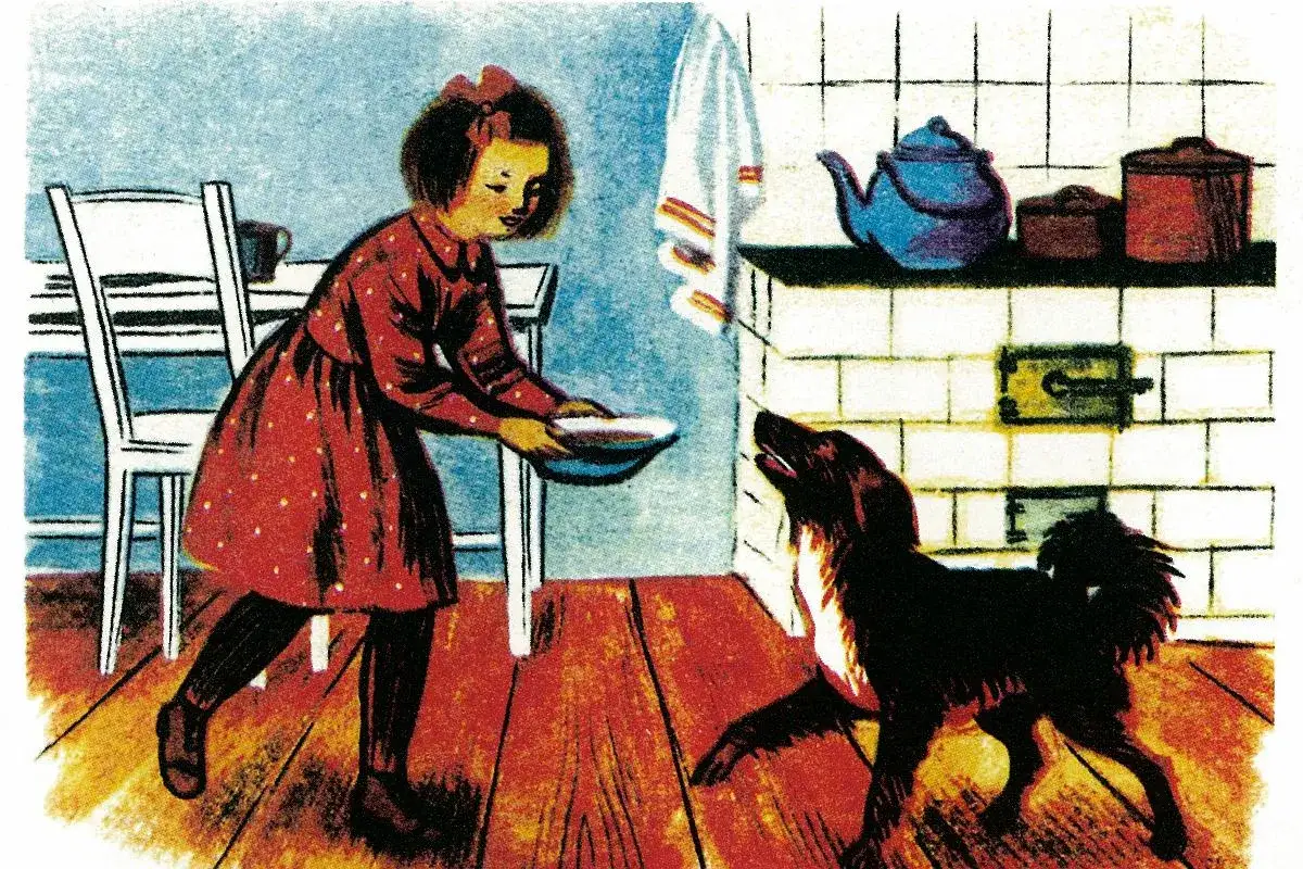Dziewczynka z elementarza karmi psa z miseczki. W tle widać kuchnię z piecem i czajnikiem.