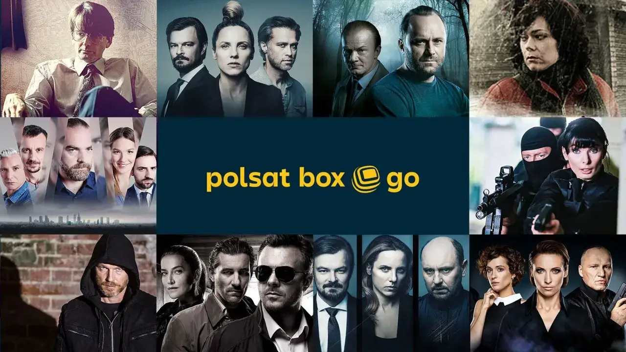 Kolaż zdjęć z seriali o policji. W centrum logo Polsat Box Go. Widać twarze aktor&oacute;w, policjant&oacute;w i przestępc&oacute;w.