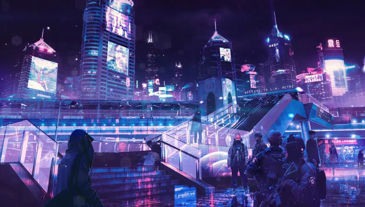 Neonowe miasto w stylu Blade Runner 2099. Policja w L.A. patroluje ulice, gdzie neonowe reklamy odbijają się w mokrej nawierzchni.