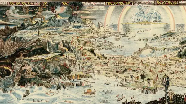 Atlas miejsc literackich: fantastyczna mapa z krainami baśni, legend i snów, pełna zamków, potworów i mitycznych postaci.