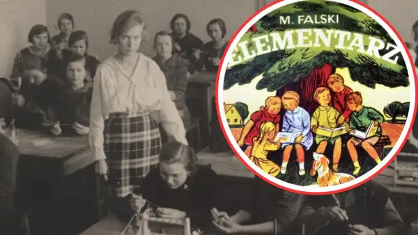 Dziewczynka z elementarza, w kratce, stoi w klasie pełnej uczennic. Obok ilustracja z książki "Elementarz".