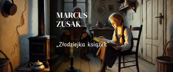 Dziewczynka czyta książkę przy świecy, podczas gdy starszy mężczyzna gra na akordeonie. To scena z "Złodziejki książek" Marcusa Zusaka.