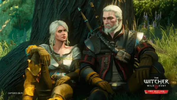Geralt i Ciri odpoczywają pod drzewem. W tle logo "Wiedźmin sezon 3".