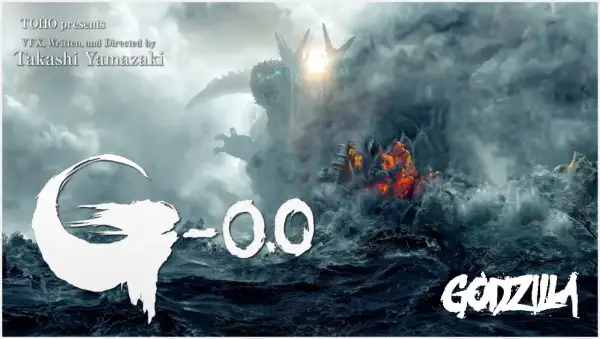 Godzilla Minus Zero: przerażający potwór wyłania się z dymu nad wzburzonym morzem, niszcząc statek.