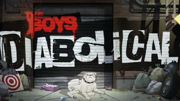 Chłopaki przedstawiają: czyste zło. Graffiti "The Boys Diabolical" na zamykanej bramie, z buldogiem i śmieciami w zaułku.