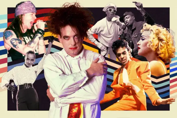 Ikony muzyki lat 80.: Axl Rose, Robert Smith, Sade, Run-DMC, Prince i Madonna.