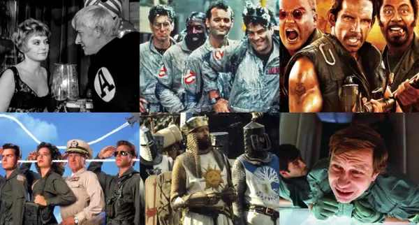 Kolaż scen z filmów, które gwarantują mega śmieszne komedie: od łowców duchów po rycerzy i pilotów.