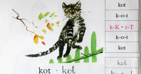 Ilustracja z książeczki do nauki czytania: kot siedzi na płotku, obok gałązka z liśćmi. Tekst "ala ma kota" i słowo "kot" powtarzają się.