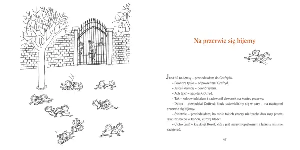 Ilustracja z książki o Mikołajku: chłopcy biją się na przerwie, jeden z nich leży na ziemi.