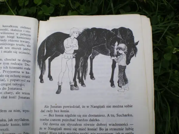 Bracia Lwie Serce: Jonatan i Sucharek rozmawiają przy koniach, przygotowując się do jednej z przygód.