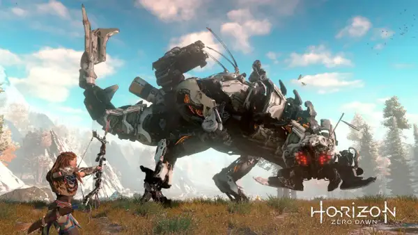 Aloy z łukiem mierzy do mechanicznego gada w świecie Horizon serial.