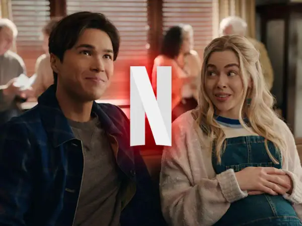Para fanów Virgin River sezon 8: młoda para z uśmiechem na twarzy, w tle logo Netflix.