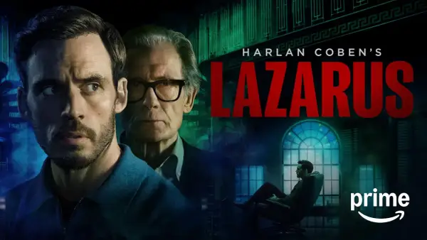 Dwóch mężczyzn, jeden młodszy z zarostem, drugi starszy w okularach, w mrocznym klimacie. Tytuł "Harlan Coben's Lazarus" sugeruje, że to schronienie serialowe.