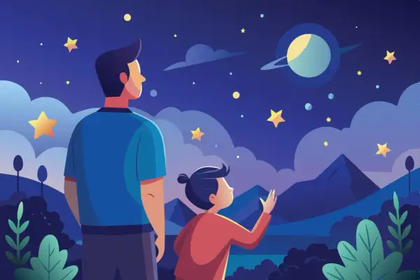 Tata pokazał mi wszechświat. Dziecko z tatą patrzy na gwiazdy i planetę Saturn na nocnym niebie.