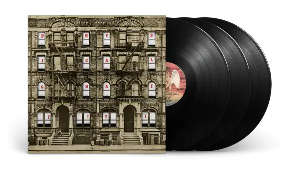 Okładki płyt Led Zeppelin "Physical Graffiti" i trzy czarne winyle.