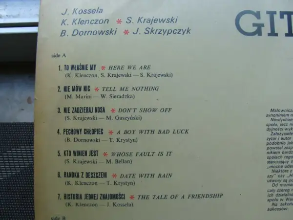 Zestawienie utworów zespołu Czerwone Gitary, w tym "Randka z deszczem", która mogłaby być przebojem.
