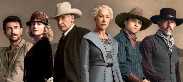 Sześcioro bohaterów w westernowych strojach, w tym Harrison Ford i Helen Mirren, tworzy obsadę 1923.
