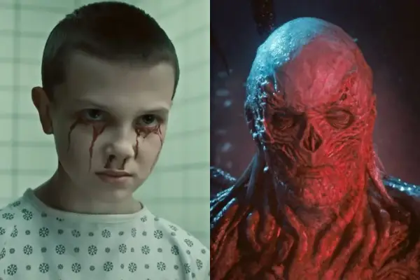Eleven z krwawiącymi oczami i przerażający Vecna, bohaterowie Stranger Things, stają naprzeciw siebie.